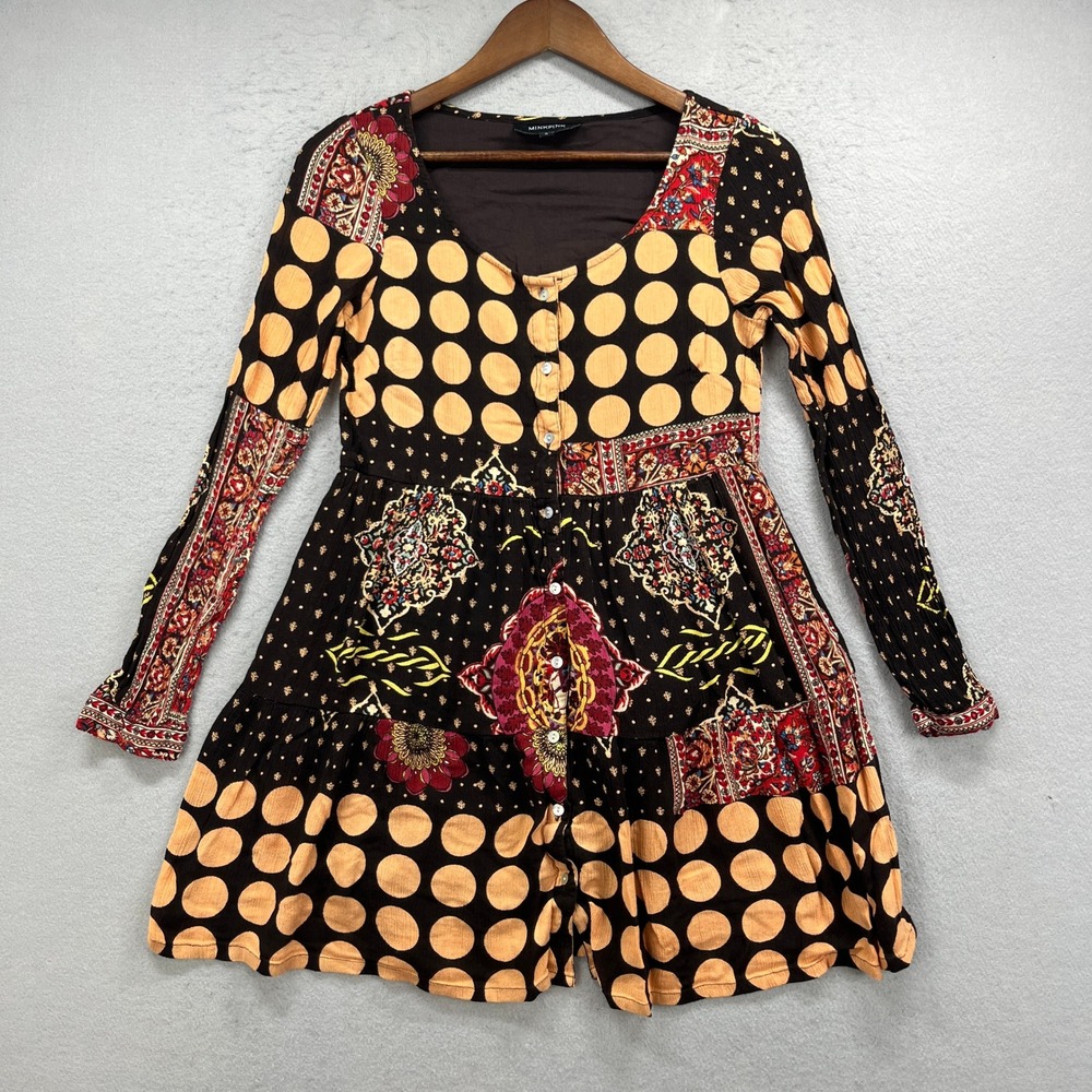 MINK PINK Romper Womens S Black Polka Dot Mandala Long Sleeve Boho Chic Festival